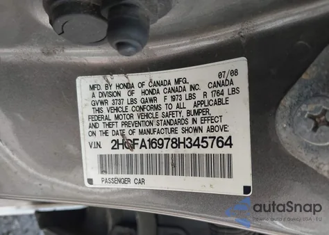 2008 Honda Civic Ex-L из США, поврежденный, VIN 2HGFA16978H345764